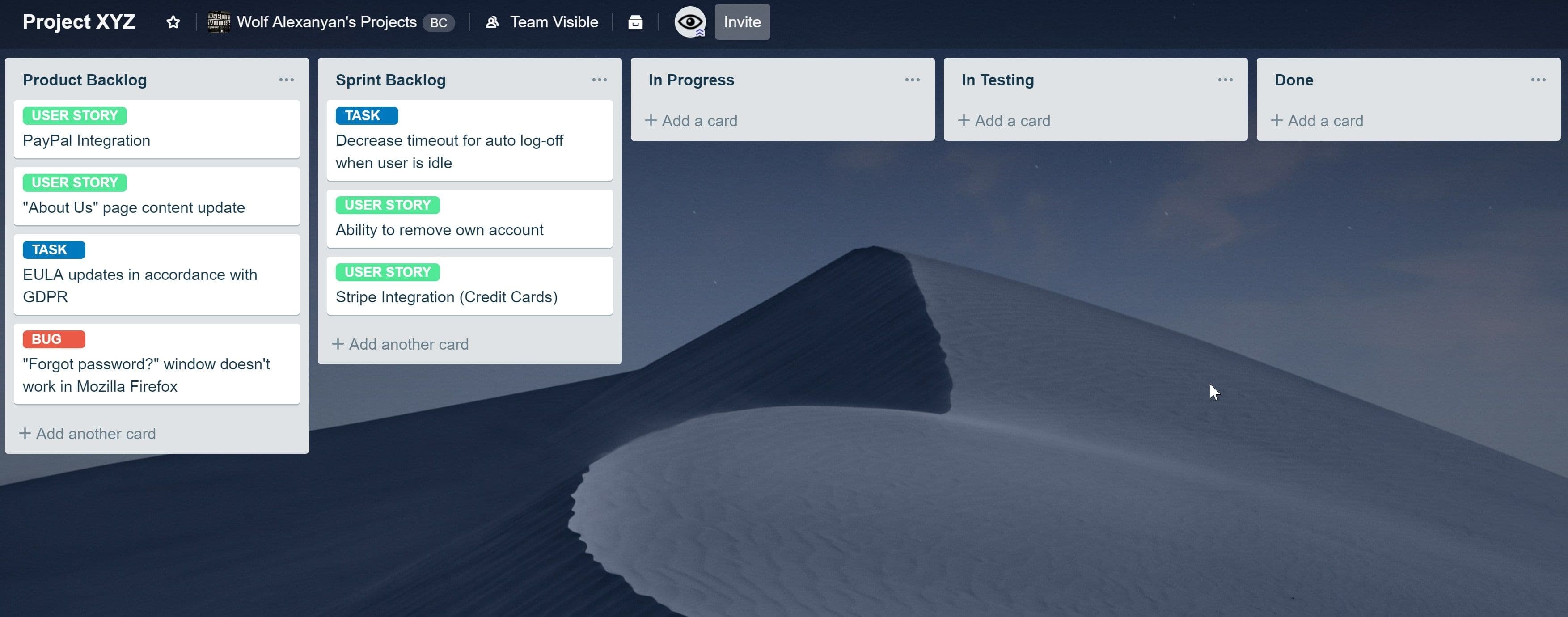 Канбан доска в Trello подготовленная под SCRUM