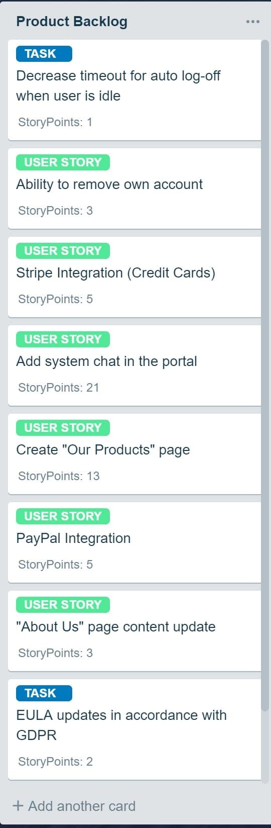 Скриншот бэклога продукта из Trello