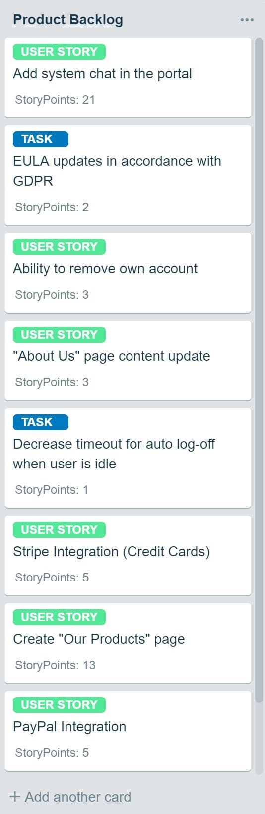 Скриншот из бэклога продукта в Trello