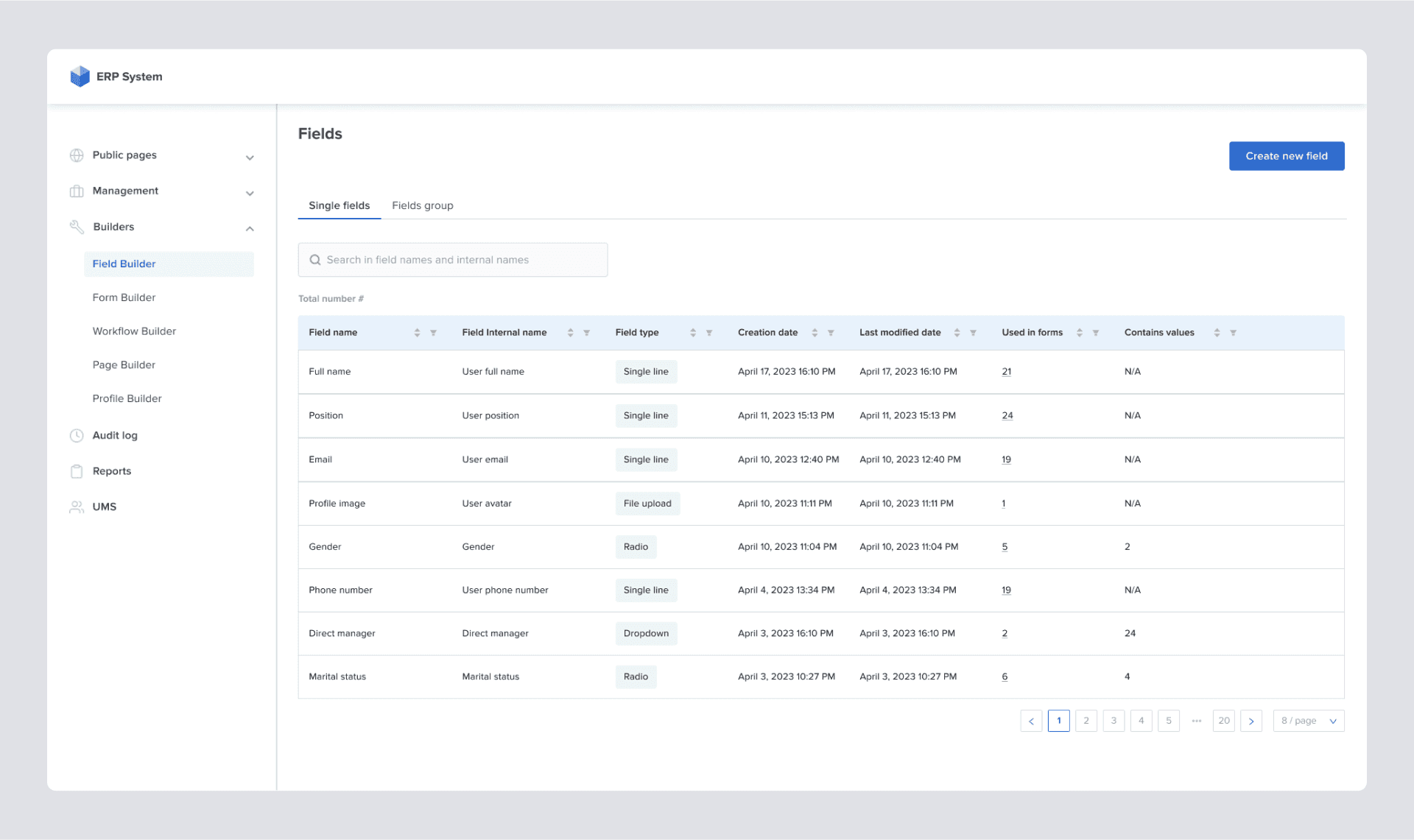 Fields list page - designed version