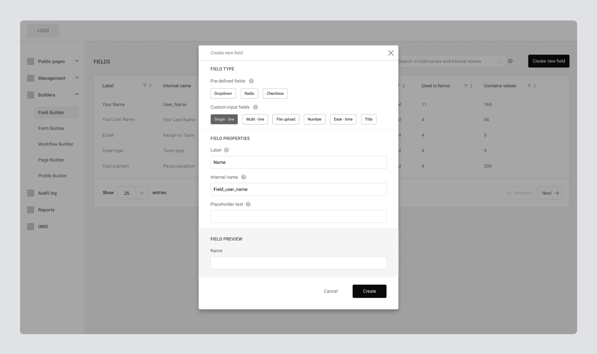 ERP Sketch - field creation pop-up