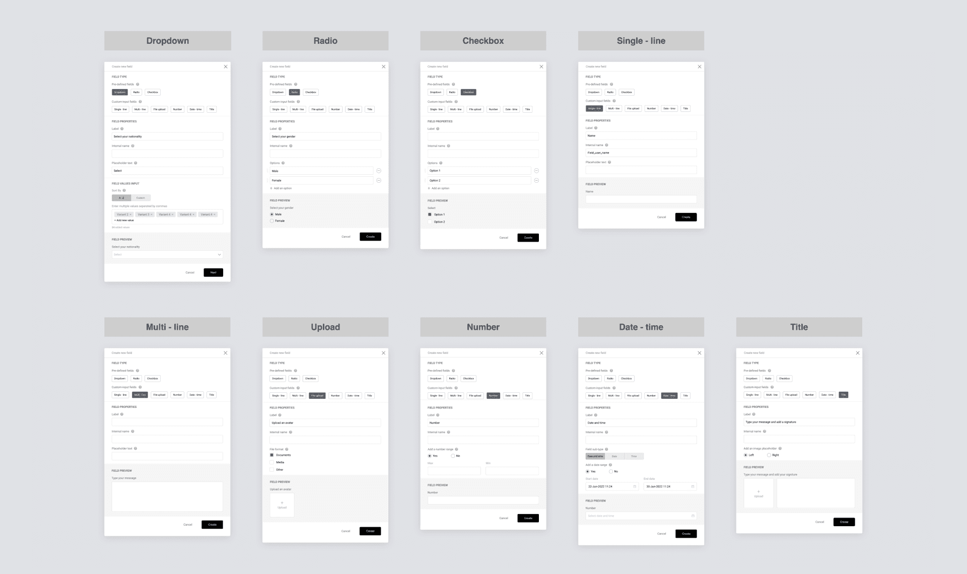 ERP Sketch - all types of field creation pop-ups